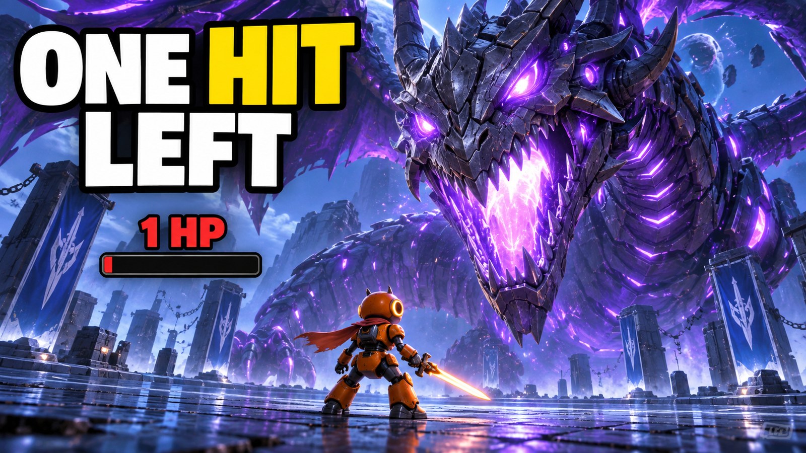 Gaming thumbnail featuring a small robot facing a giant dragon